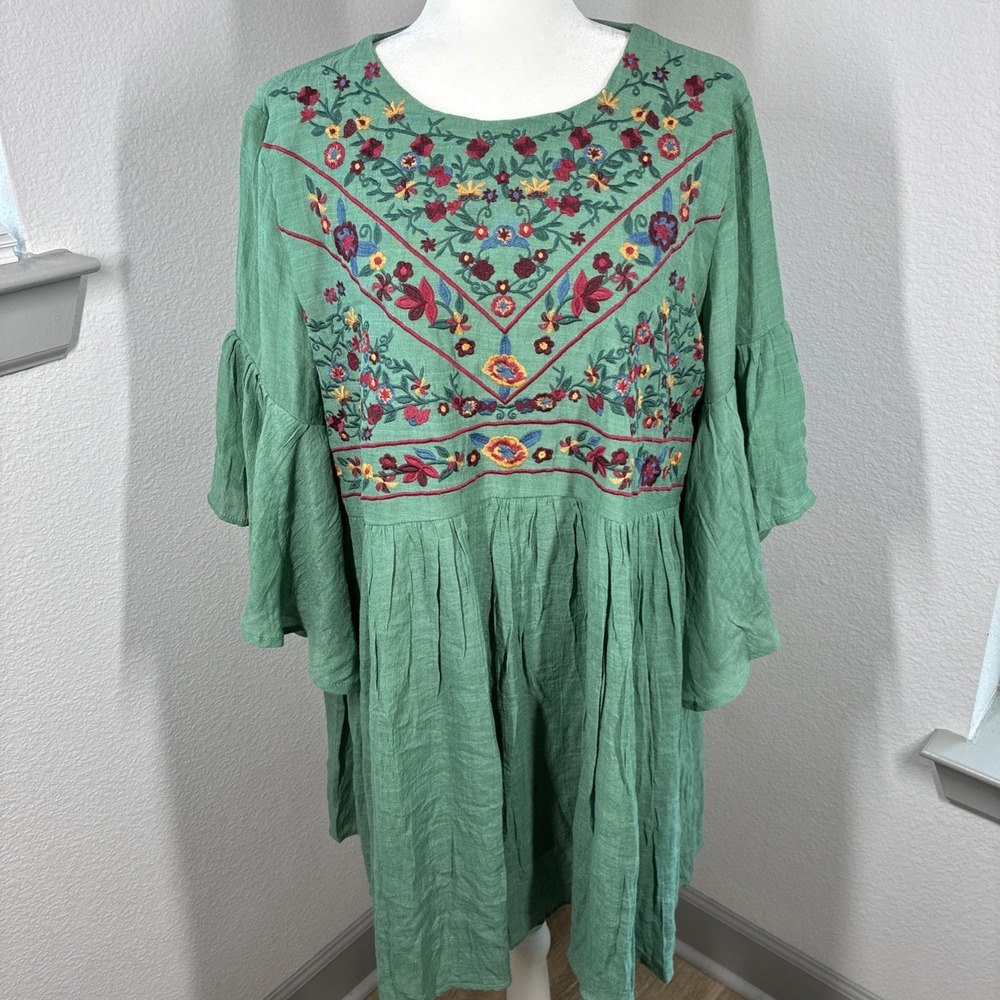 UMGEE USA Green Floral Embroidered Flare‎ Sleeve Tunic Boho Top Mini Dress 1XL